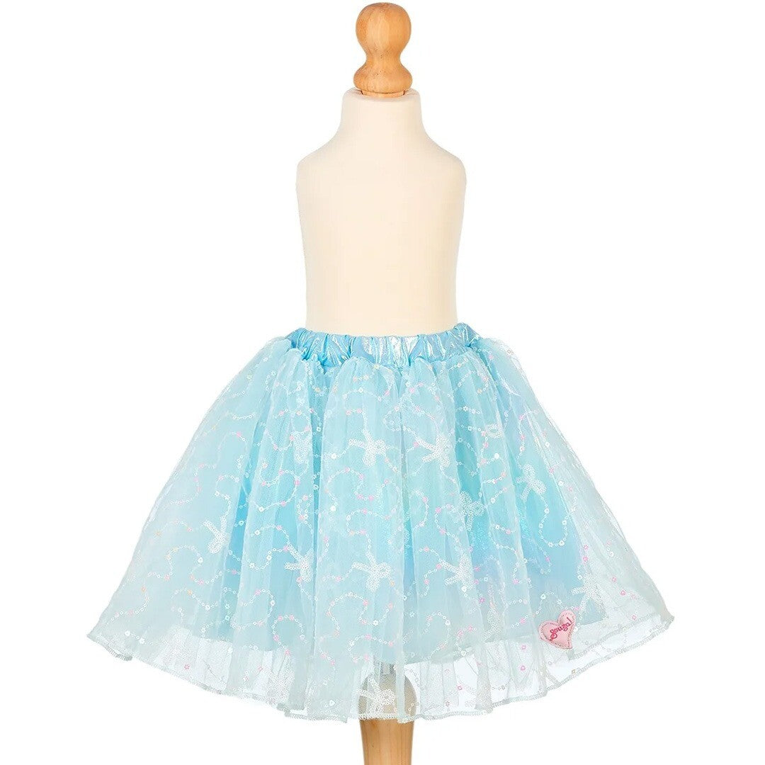 Souza for Kids blauwe verkleedrok met strikjes en pailletten op een paspop.