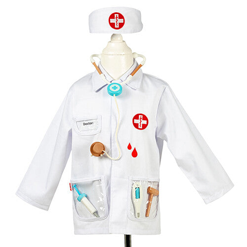 Souza for kids verkleedset dokter met witte doktersjas, stethoscoop, spuit, thermometer, reflexhamer en doktersmuts.