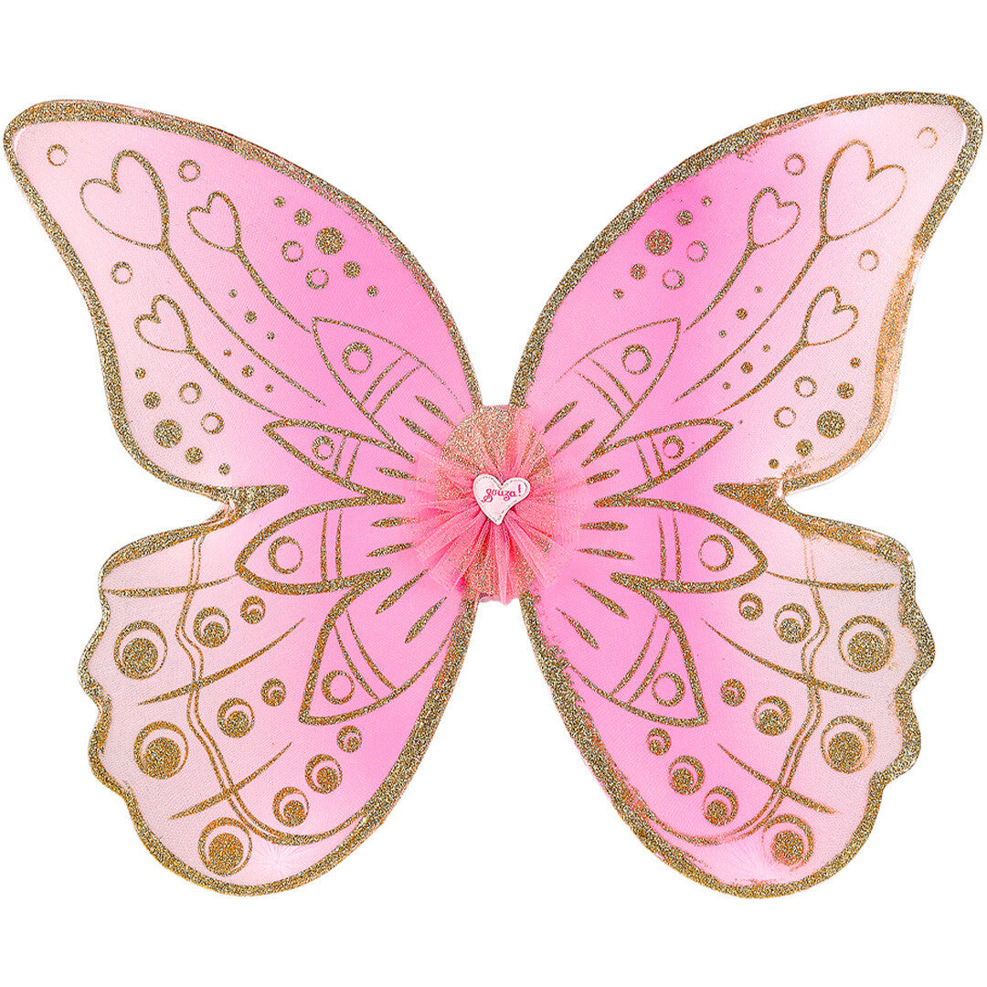 Souza for Kids roze vlindervleugels voor kinderen met gouden glitterpatronen van harten en stippen.