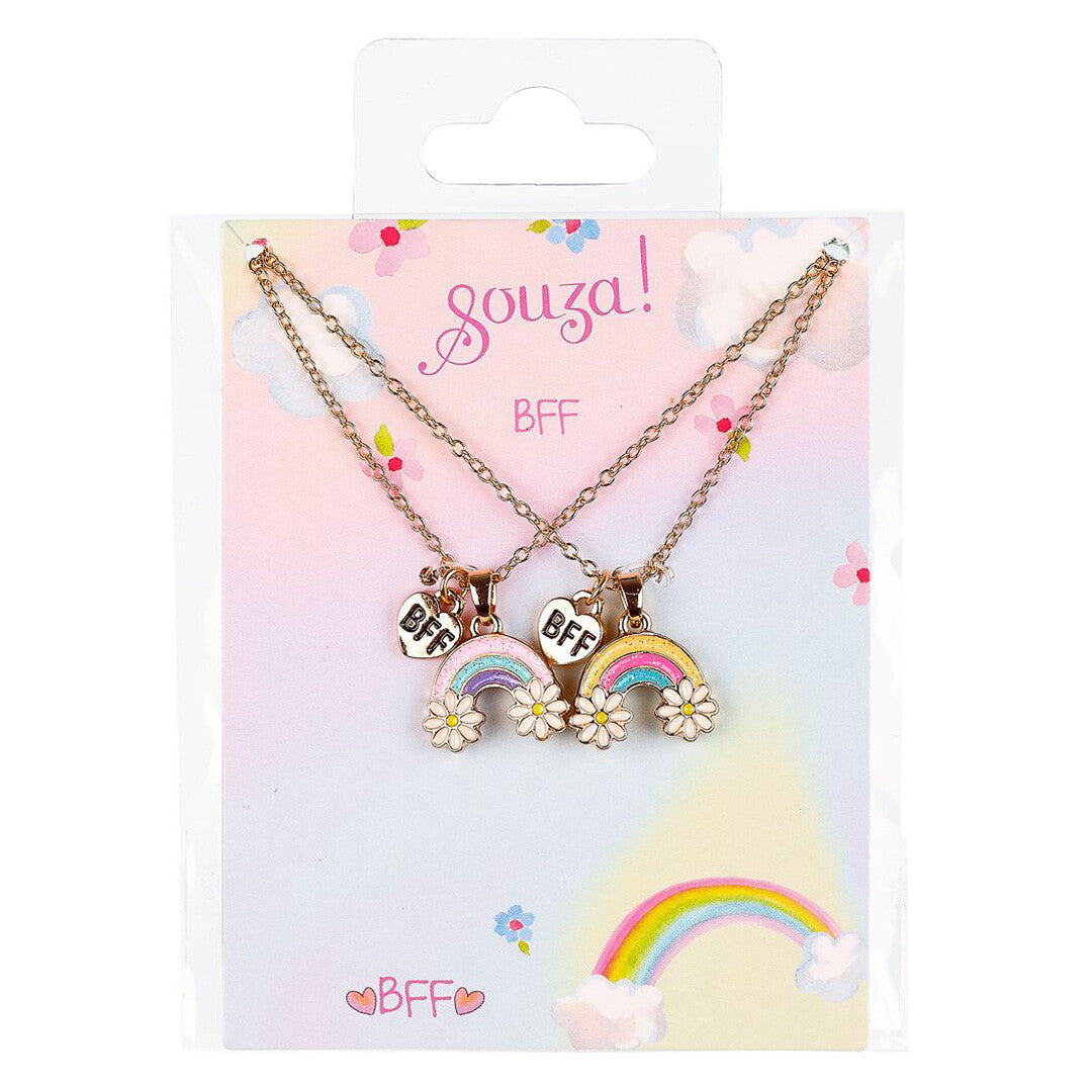 Souza for Kids vriendschapskettingen met regenboog- en BFF-hangers, gepresenteerd in de verpakking.