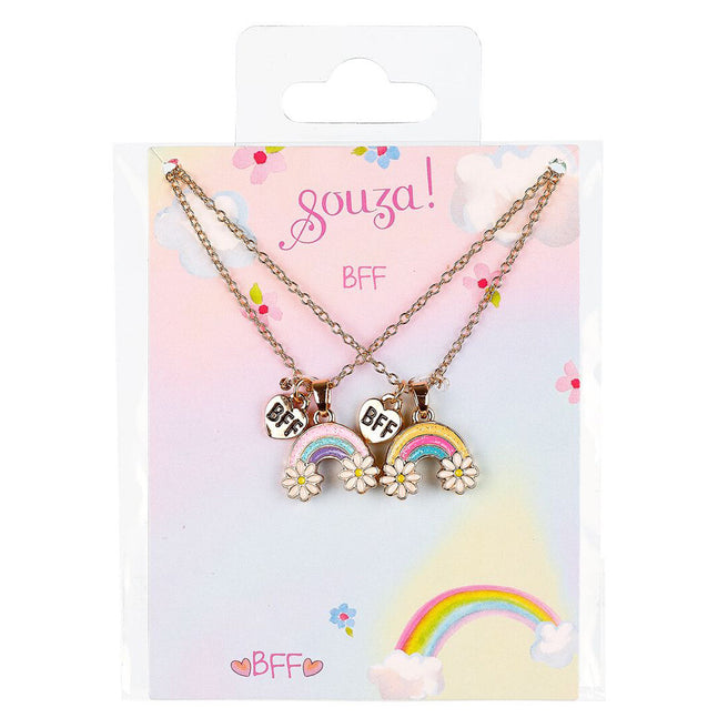 Souza for Kids vriendschapskettingen met regenboog- en BFF-hangers, gepresenteerd in de verpakking.