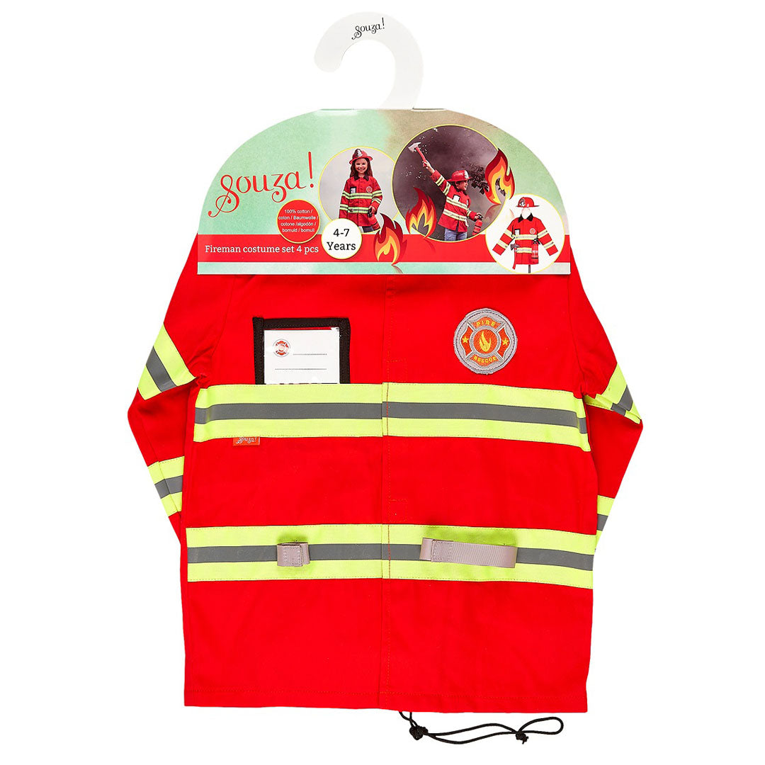 De Souza for Kids brandweer verkleedkleding jas op de verpakking met productinformatie.