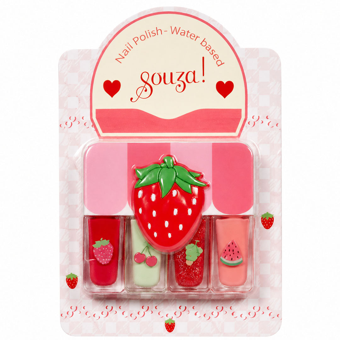 Souza for kids nagellak op waterbasis set met vier flesjes en een aardbei-nagelvijl in de verpakking met geruit patroon.