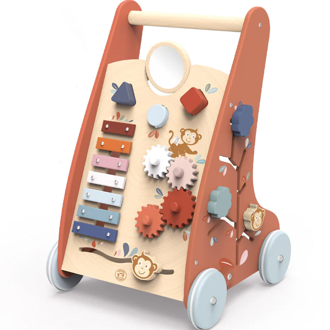 Speedy Monkey houten activiteiten loopwagen met xylophone, tandwielen en diverse vormen.
