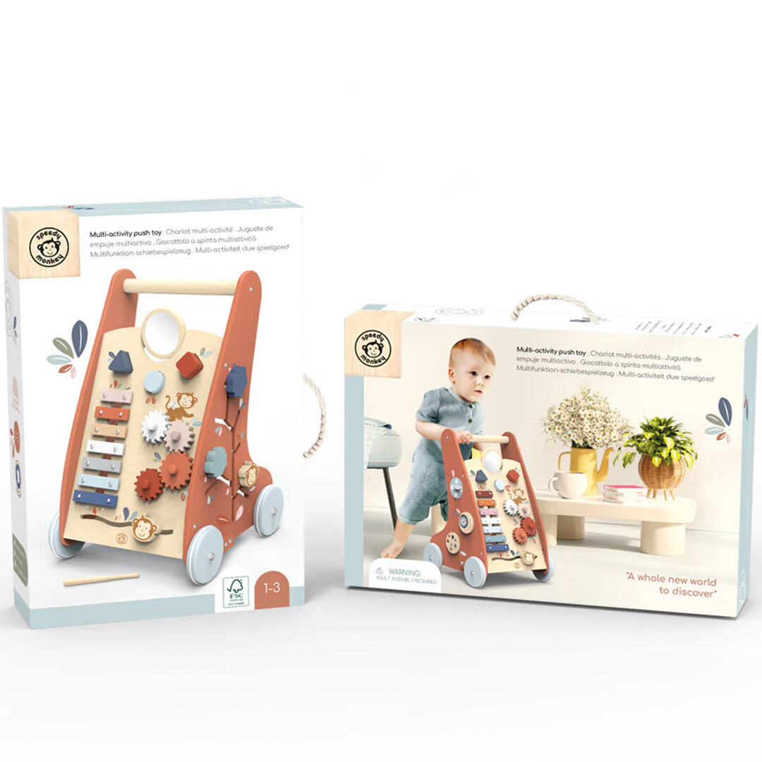 Twee verpakkingen van de Speedy Monkey houten activiteiten loopwagen.