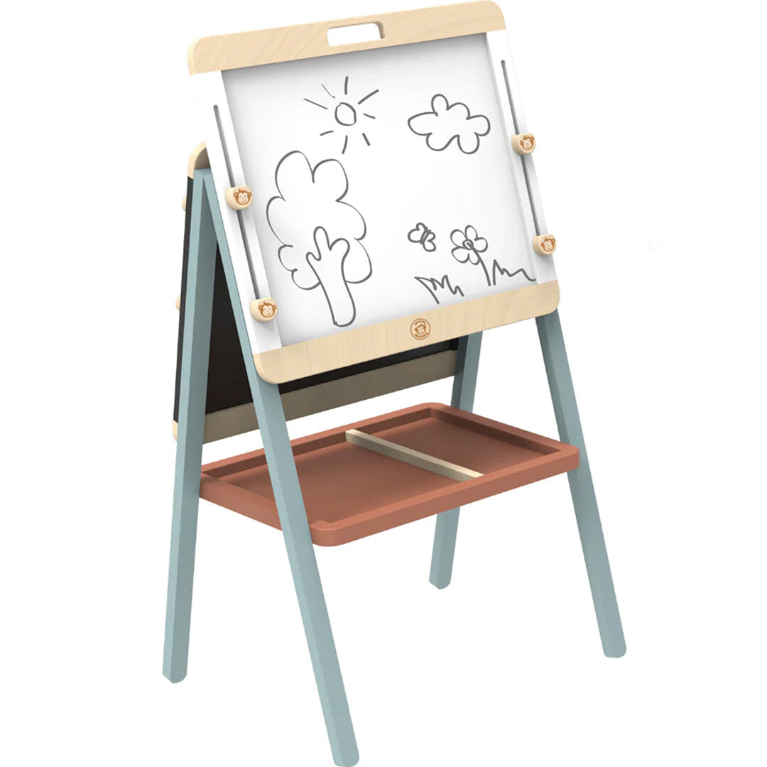Speedy Monkey dubbelzijdig schoolbord met een tekening van een zon, boom en bloemen op het witte bord.