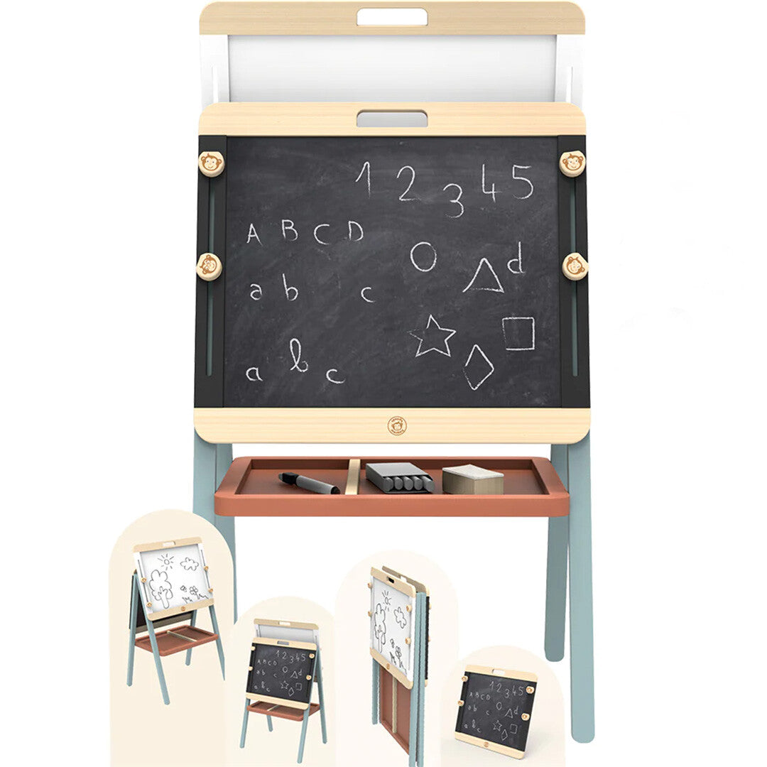 Infographic van het Speedy Monkey dubbelzijdig schoolbord met de zwarte kant met letters en cijfers, en vier kleinere productafbeeldingen.