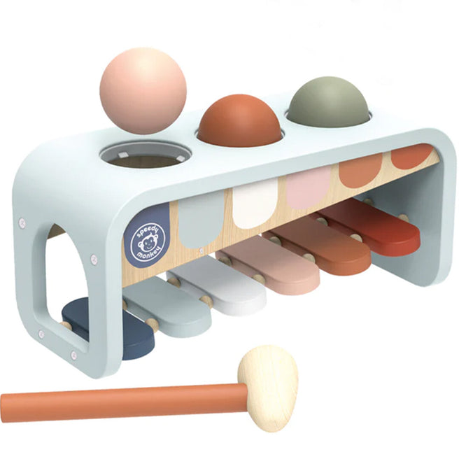 Speedy Monkey houten hamertje tik en xylofoon met drie ballen en een hamer.