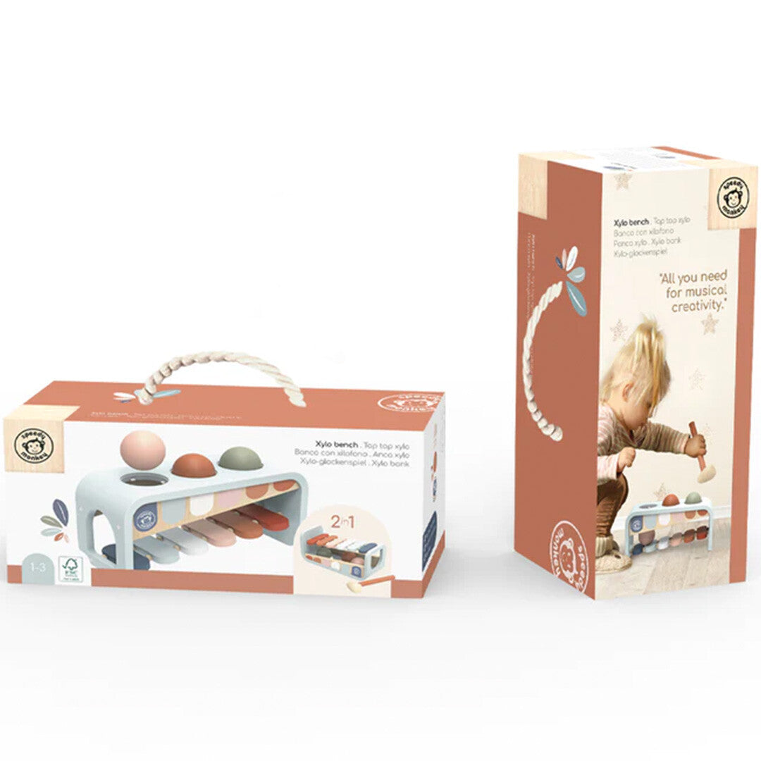 De verpakking van de Speedy Monkey houten hamertje tik en xylofoon.