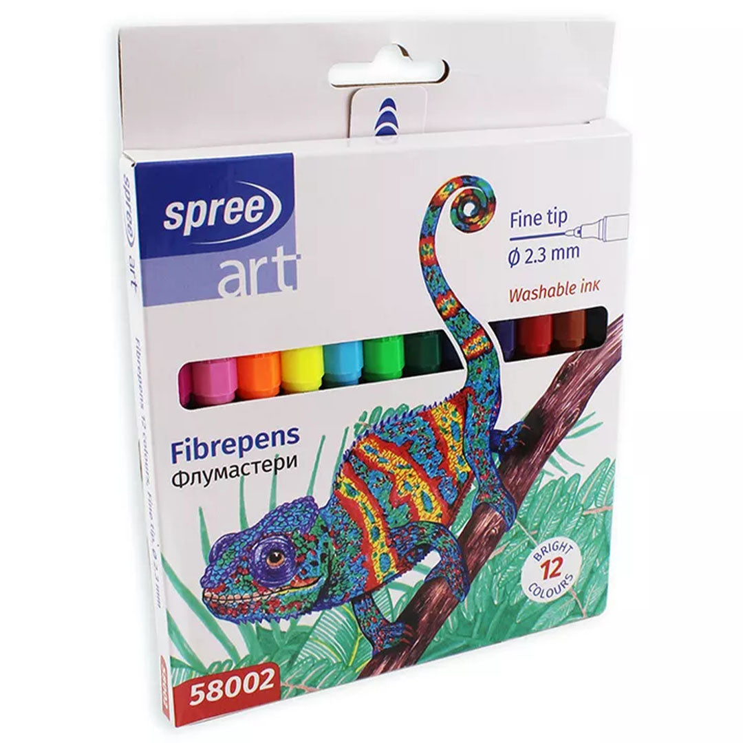 Verpakking van Spree viltstiften met fijne punt, met een kleurrijke kameleon afgebeeld.