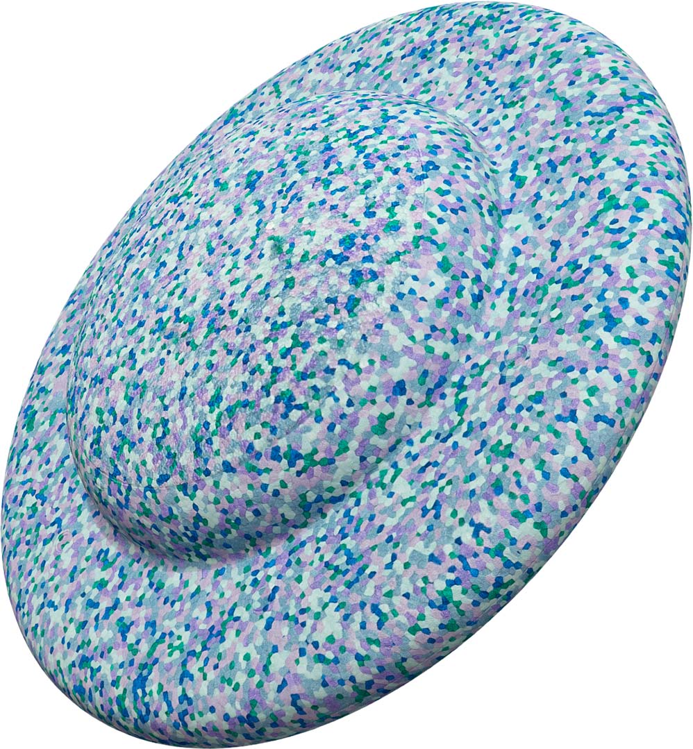 Stapelstein balance board schuin van bovenaf gezien, met mozaïekpatroon in blauw, groen en paars.