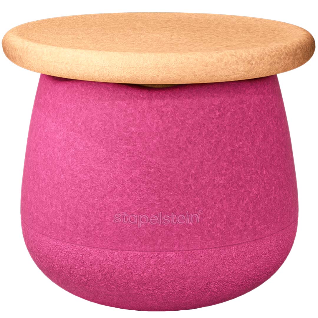 Een roze stapelstein dynamic small met een geelbruine bovenkant, staand op een witte achtergrond.