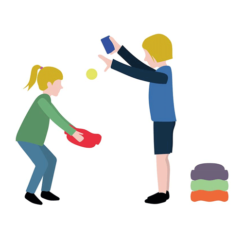 Infographic van twee kinderen die spelen met Stapelstein speelelementen, waarbij één kind een bal vangt.