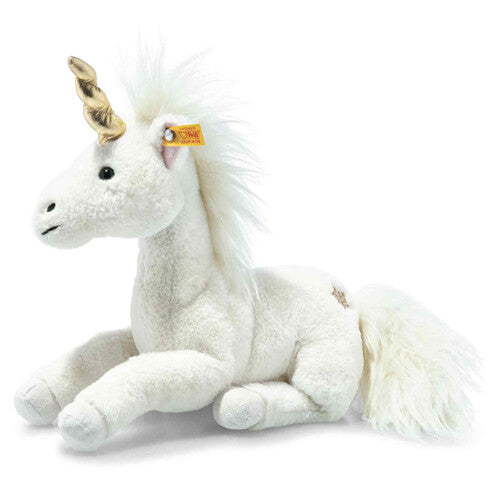 Steiff pluchen eenhoorn Unica, liggend, met gouden hoorn en witte manen.