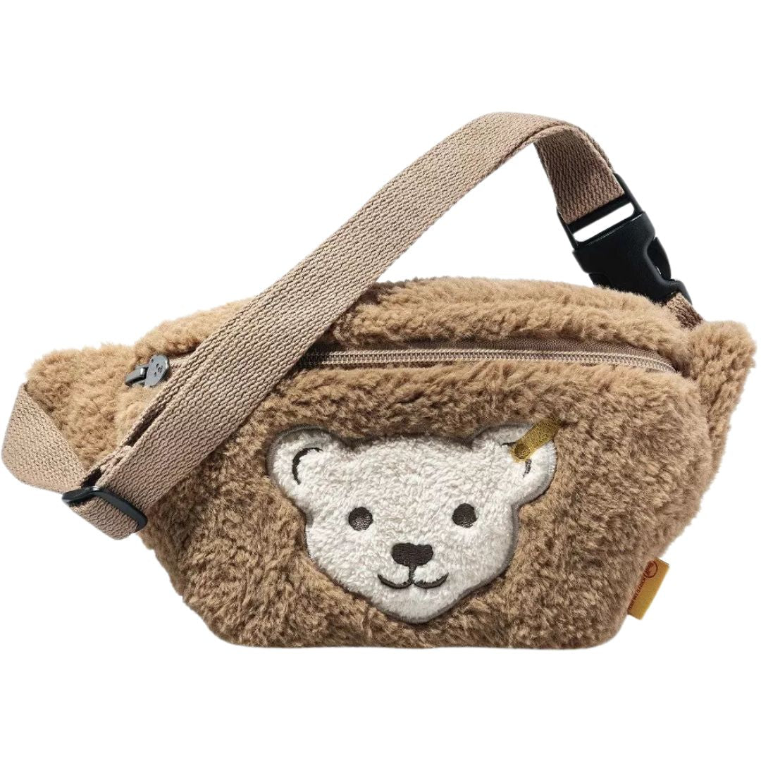 Steiff bruin pluizig kinderheuptasje met een geborduurd berengezicht.