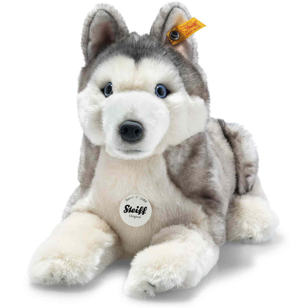 Steiff pluchen knuffelhond husky Bernie ligt op een witte achtergrond.