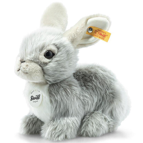 Steiff knuffelkonijn Dormili Hase, grijs, zittend, met merklabel in oor.