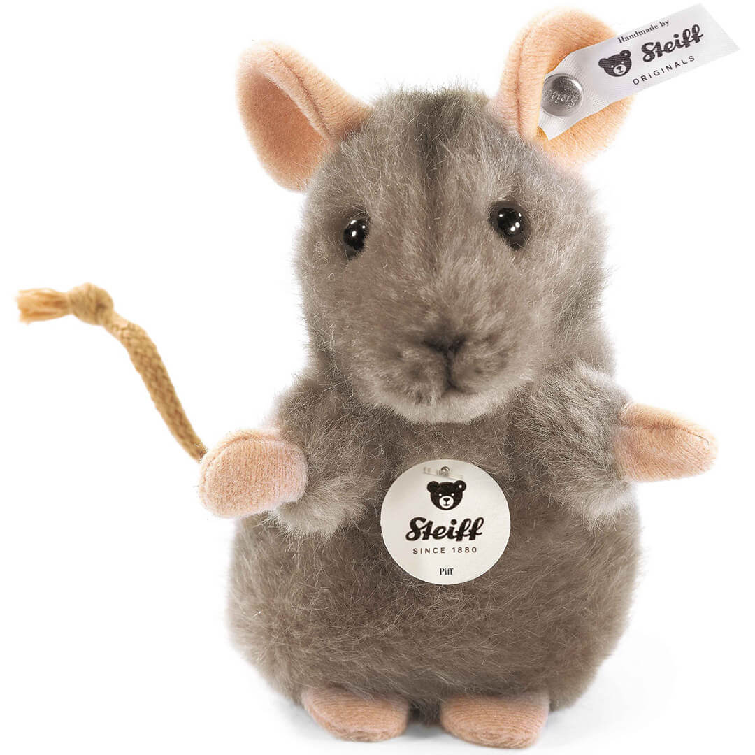 Steiff knuffelmuisje Piff, een grijs pluchen muisje met roze oren en een gevlochten staart.