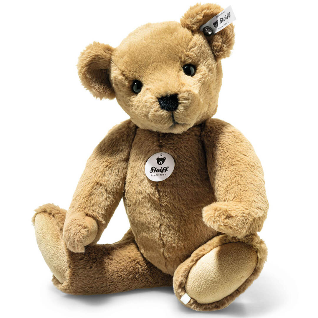 Steiff pluchen teddybeer Lio in bruin, zittend.