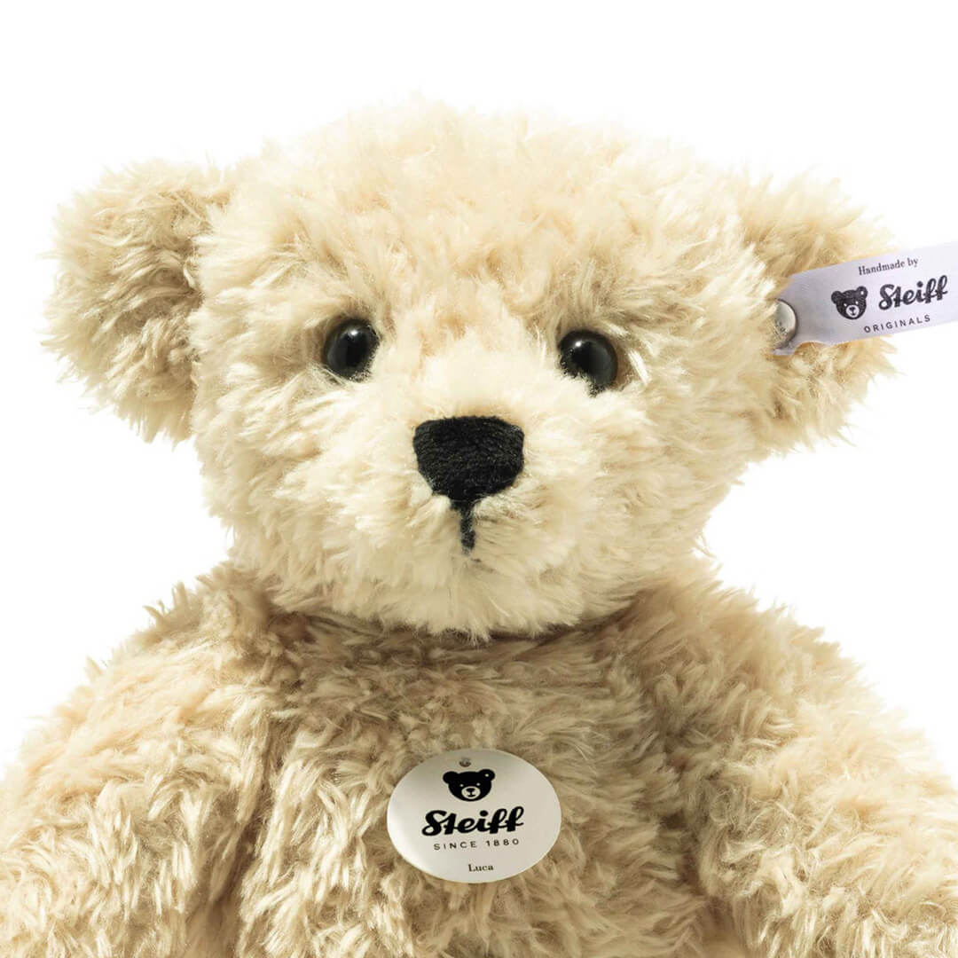Detailopname van de kop en borst van de Steiff pluchen teddybeer Luca.