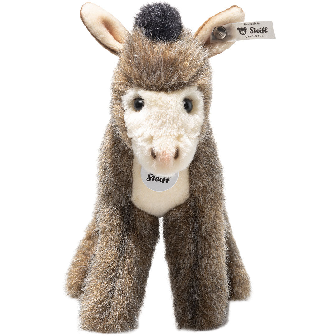 Steiff pluchen ezel Asinus, bruin en wit, van voren gezien.
