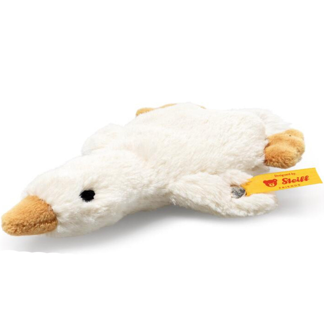 Steiff witte pluchen knuffelgans met bruine snavel en poten.