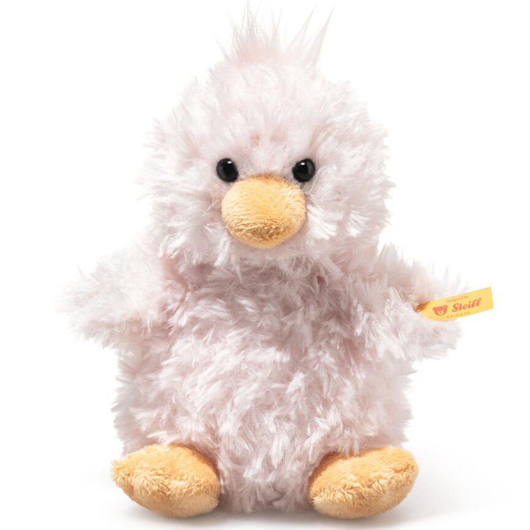 Steiff roze pluchen kuiken knuffel, van voren gefotografeerd.