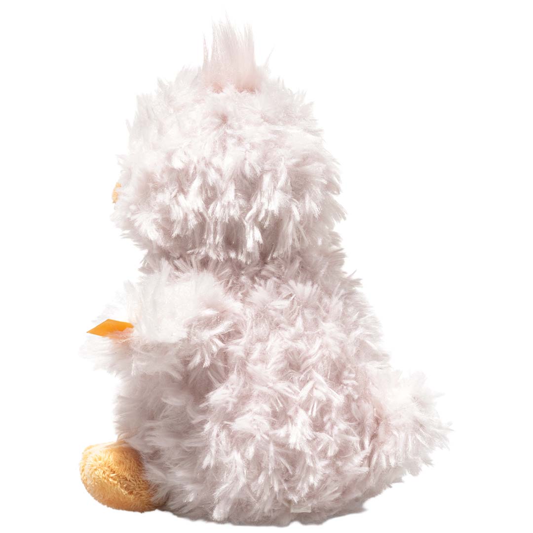 Steiff roze pluchen kuiken knuffel, van de rechterzijkant gefotografeerd.