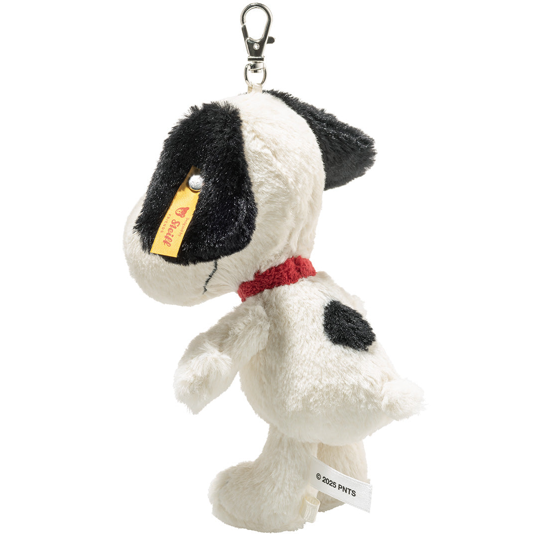 Steiff Snoopy pluchen sleutelhanger met zwarte vlek op de rug, schuin van achteren.