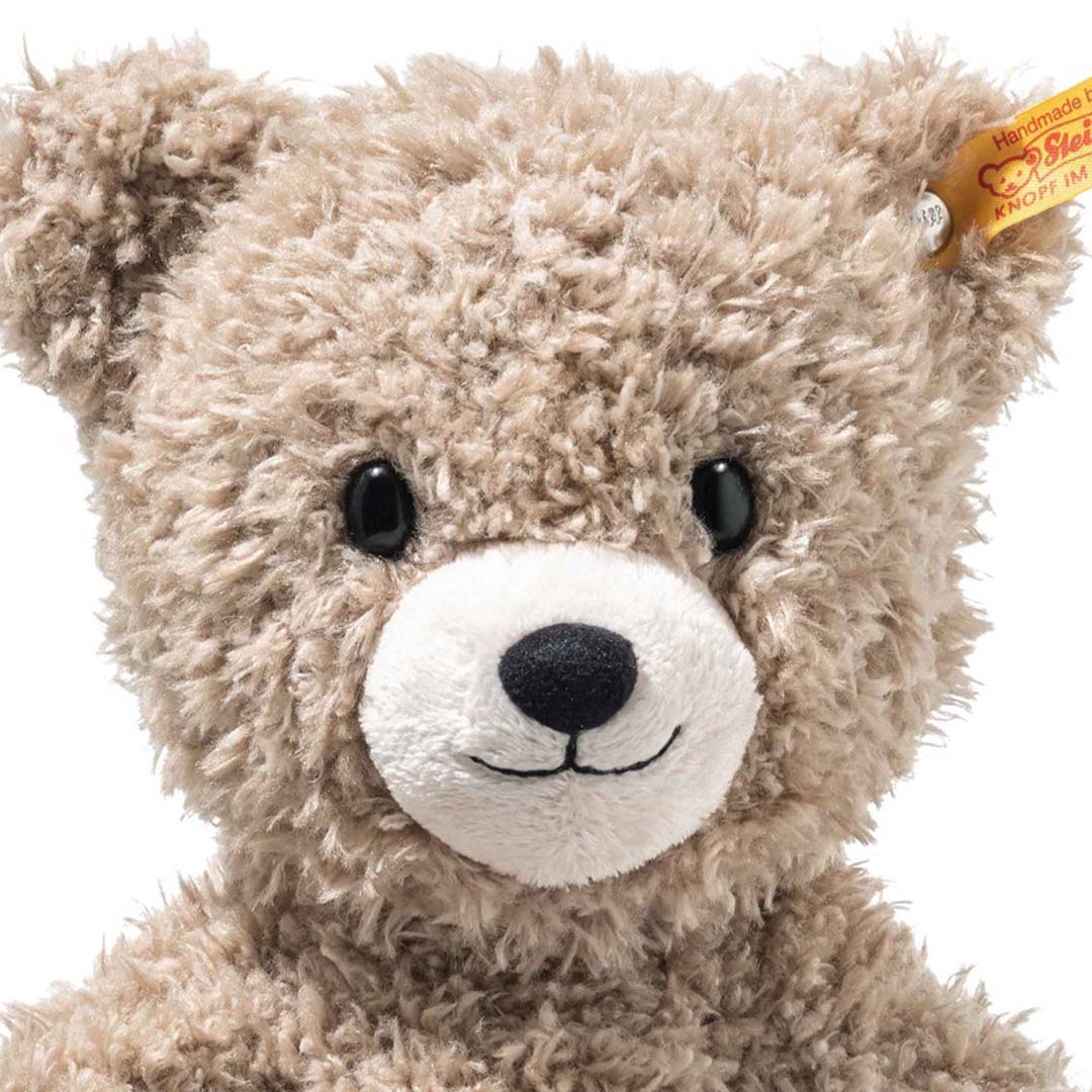 Close-up van het gezicht van de Steiff pluchen teddybeer Caspar met zwarte ogen en neus.