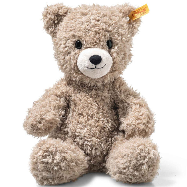 Steiff pluchen teddybeer Caspar in beige kleur, zittend op een witte achtergrond.