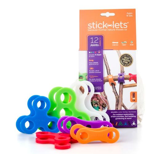 De voorkant van de stick-lets dodeka fort kit verpakking met veelkleurige connectors.