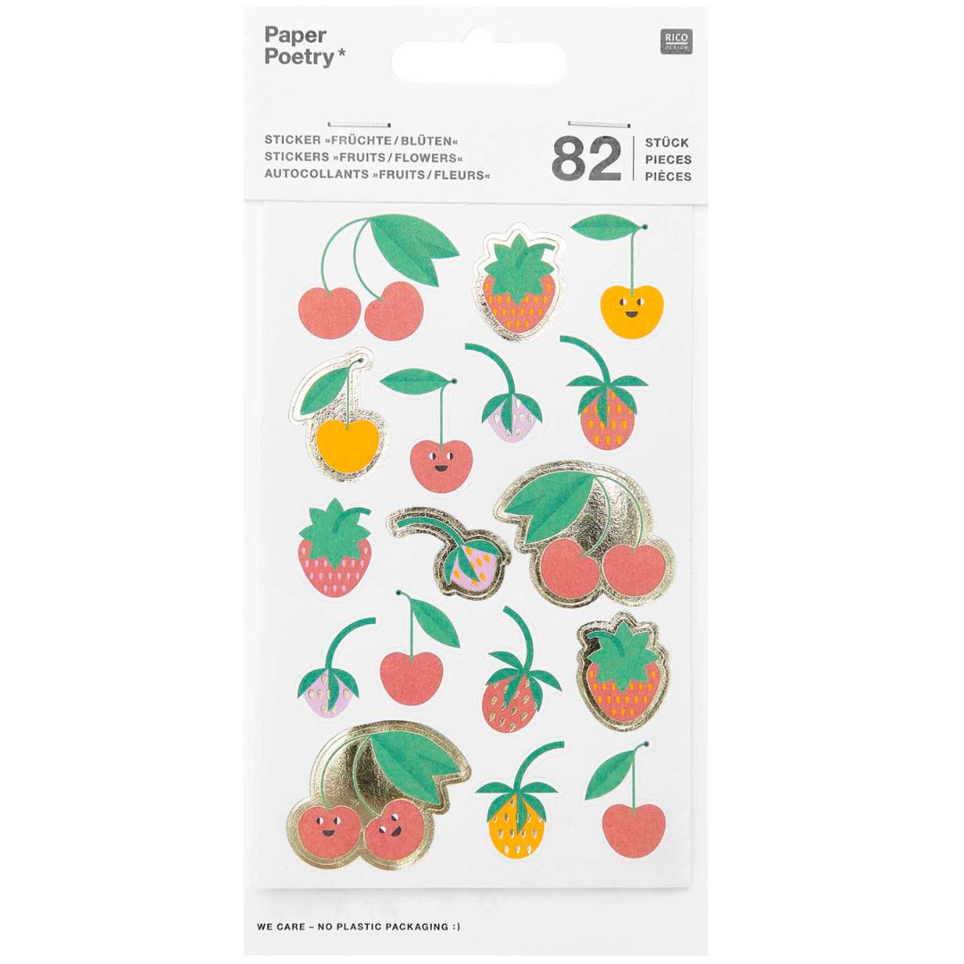 Rico Design verpakking met 82 stickers van fruit en bloemen met gouden details.
