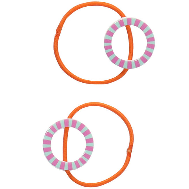 Sticky Lemon haarelastieken: twee oranje elastieken met gestreepte ringen op een witte achtergrond.