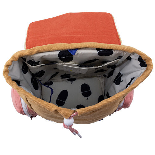 Bovenaanzicht van de open sticky lemon kinderrugzak met een binnenvoering met eikelpatroon.