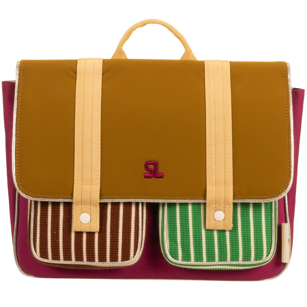 Sticky Lemon schoolrugzak met bruine flap, magenta onderkant en twee gestreepte voorvakken.