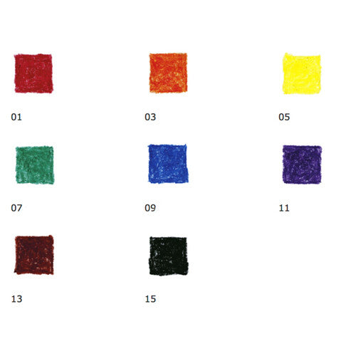 Infographic met 8 gekleurde vierkanten die de beschikbare kleuren van het waskrijt tonen.