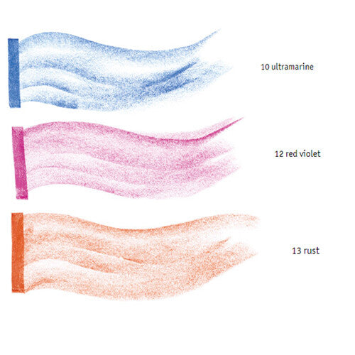Infographic met kleurvoorbeelden van ultramarijn, roodviolet en roestkleurige Stockmar waskrijtblokjes.