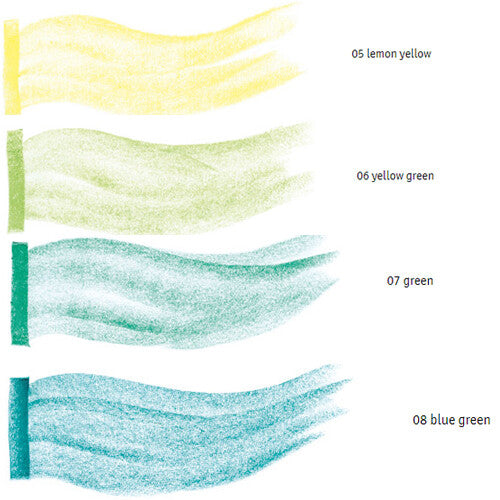 Infographic met vier kleurvoorbeelden van waskrijtblokjes: citroengeel, geelgroen, groen en blauwgroen.