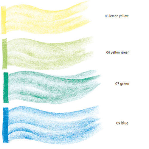 Infographic met kleurvoorbeelden van citroengeel, geelgroen, groen en blauw Stockmar waskrijt.