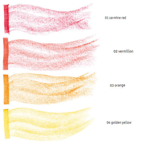 Infographic met kleurvoorbeelden van karmijnrood, vermiljoen, oranje en goudgeel Stockmar waskrijt.