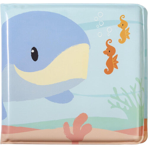 Studio Circus badboekje met een blauwe walvis en twee oranje zeepaardjes op de voorkant.
