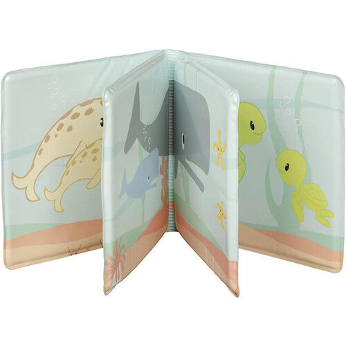Opengevouwen badboekje met illustraties van verschillende zeevriendjes zoals walvissen, een zeehond en schildpadden.