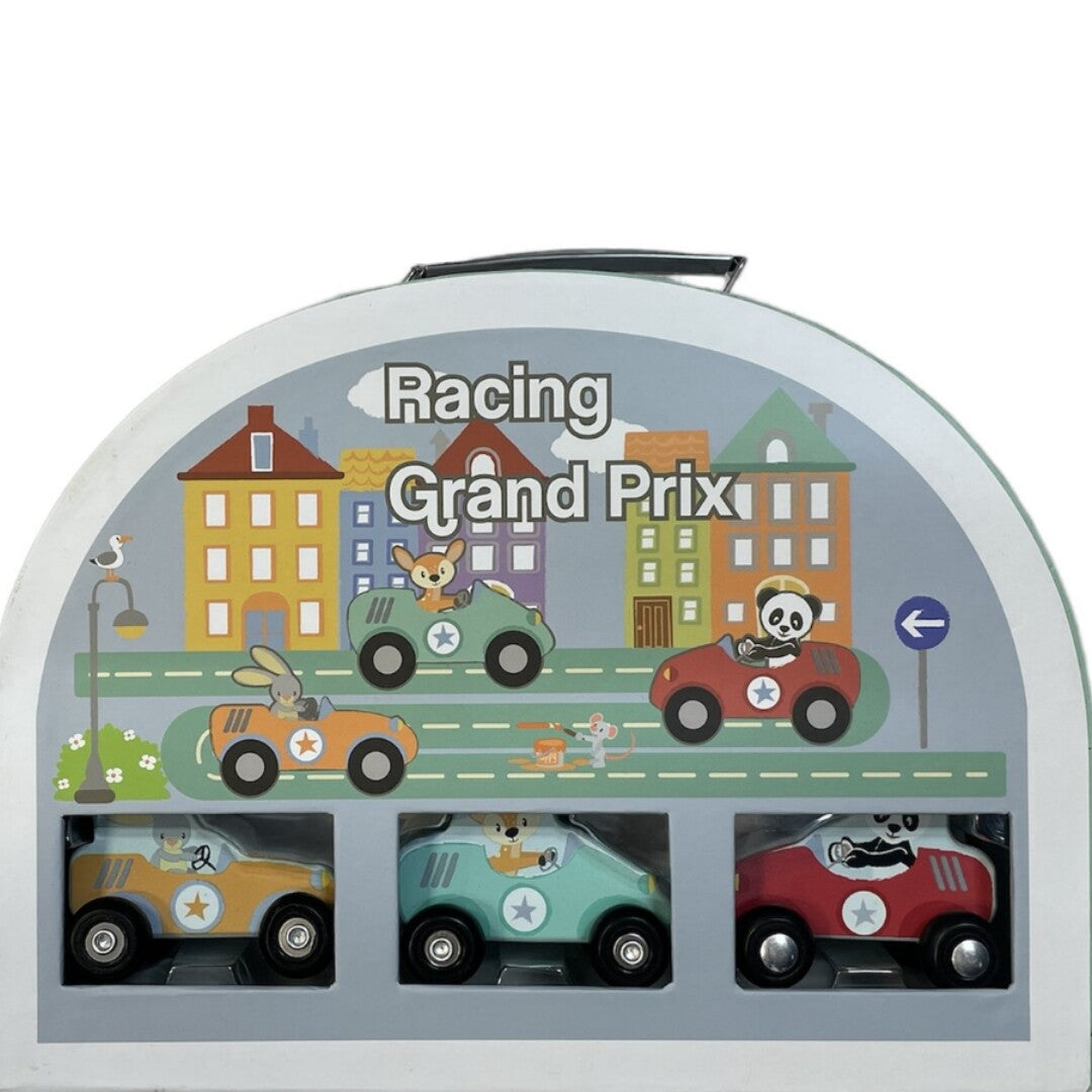 Verpakking van de Studio Circus houten racebaan Grand Prix met drie raceauto's en dierenfiguren.