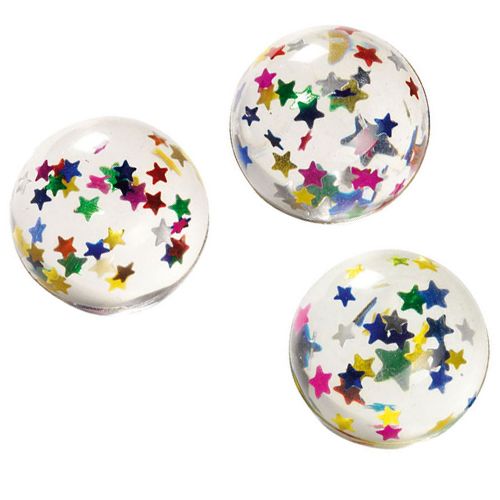 Drie goki stuiterballen met kleurrijke glittersterren.