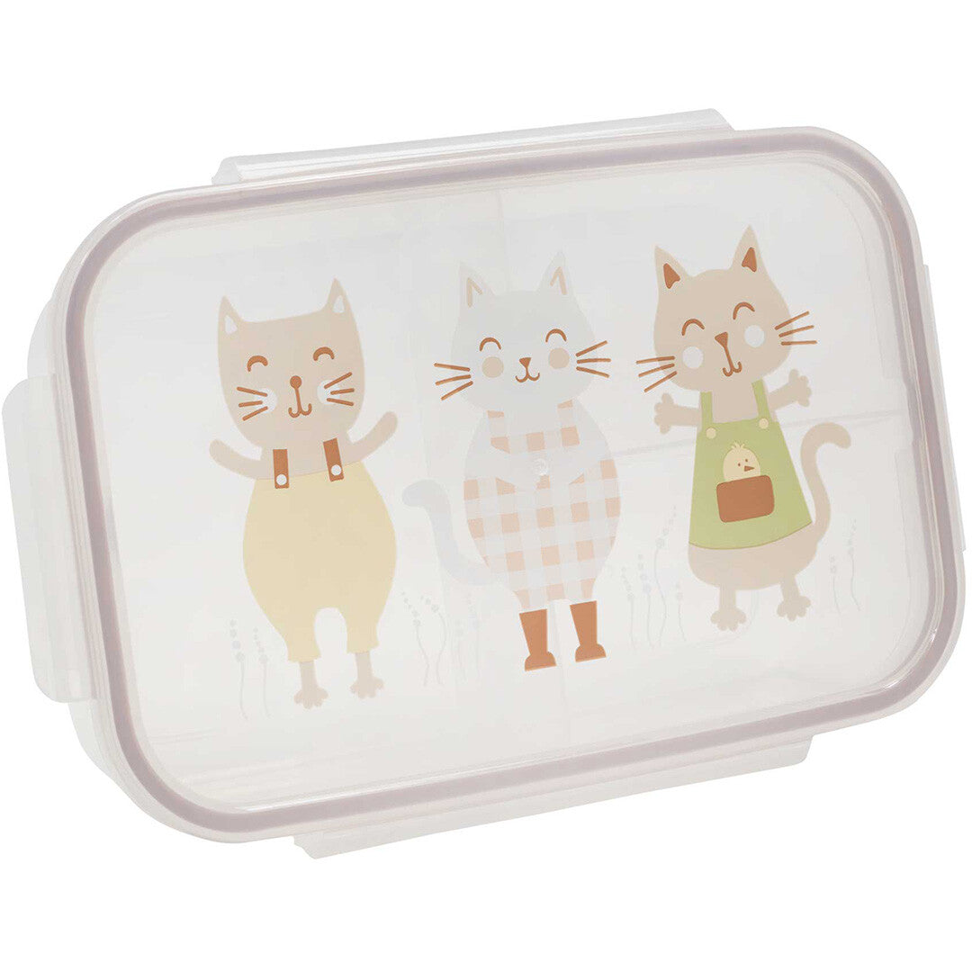 sugarbooger bento lunchbox voor kinderen met drie vrolijke kattenfiguren op de transparante deksel.