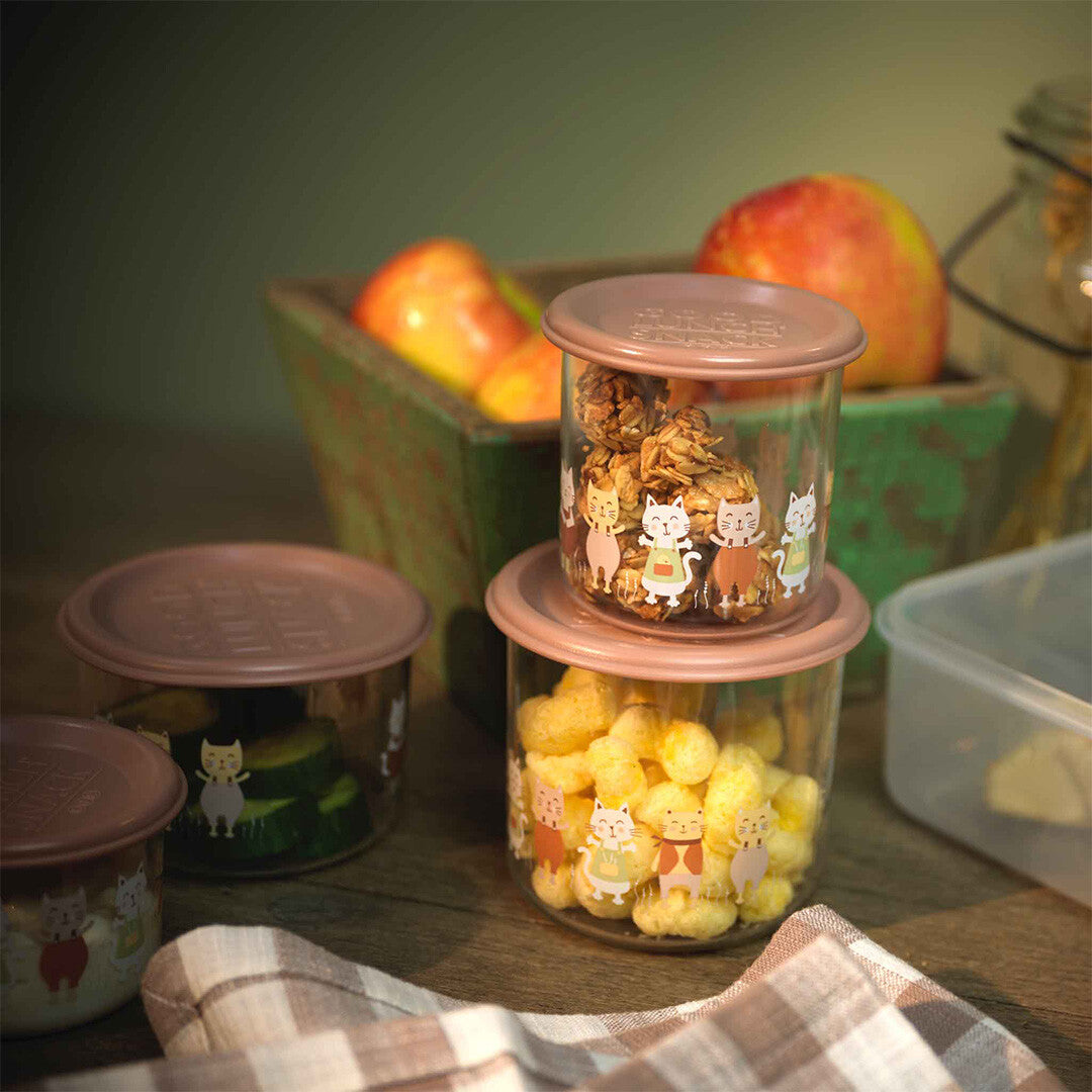 Twee sugarbooger snackdoosjes met kattenprint, gevuld met granola en kaassnacks, op een houten tafel.
