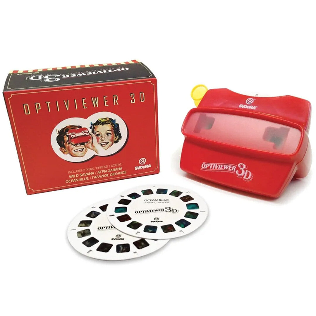 Svoora 3D Optiviewer met rode verpakking en twee schijven.