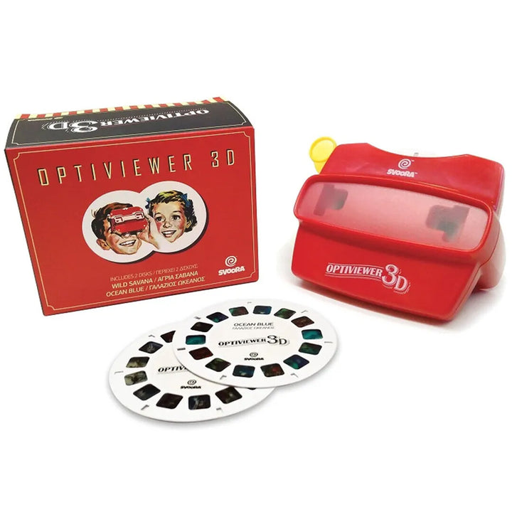 Svoora 3D Optiviewer met rode verpakking en twee schijven.