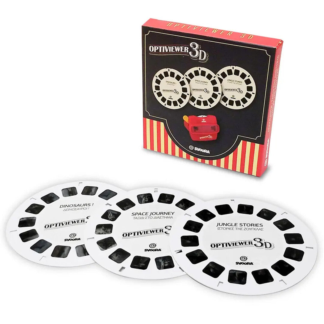 Svoora 3D optiviewer set met drie witte schijven met thema's dinosaurussen, ruimte en jungle, naast de rode en zwarte productverpakking.